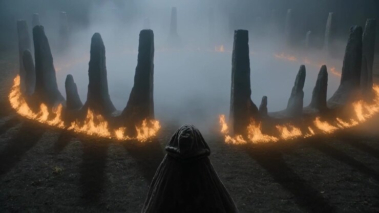 Standing cloaked figure facing stone circle at open field, ring of fire rising, fog gathering