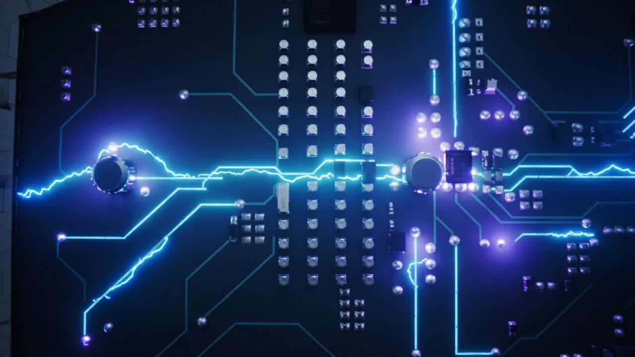 Animating top-down PCB pulse starting central node, traveling traces and lighting ICs, caps, pads