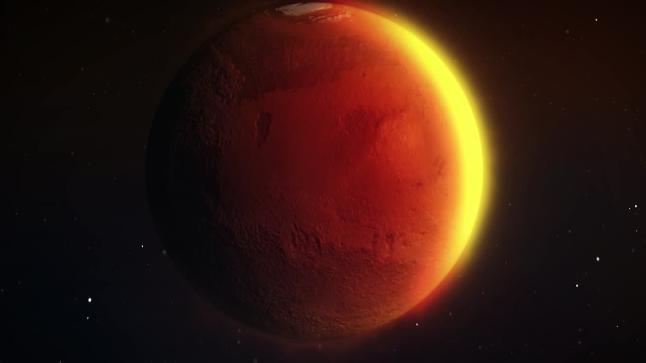 Beautiful 3D animation of Mars. The camera slowly tracks towards mars casting a solar flare from the planet's atmosphere. Clip contains planet Mars, stars, space, red, hazy heat waves, Mars surface.