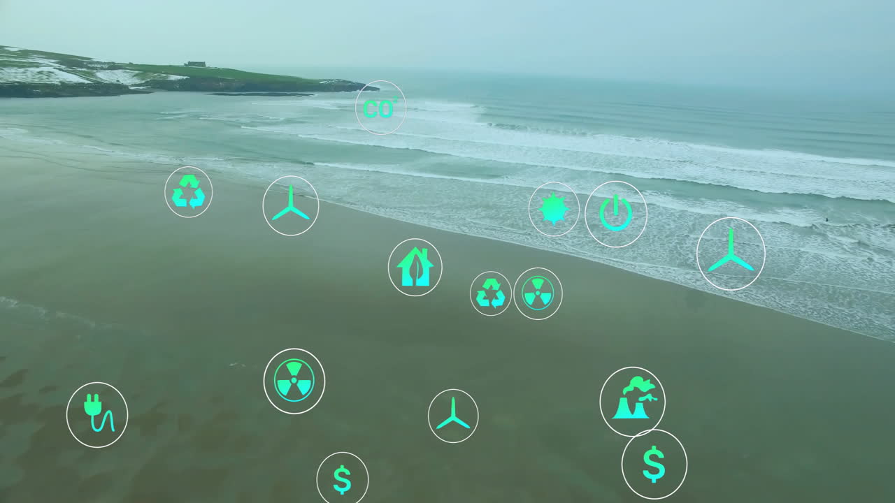 Floating green semi-transparent icons moving above sandy beach and snowy cliff in flat design