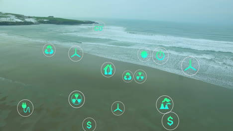 floating green semi-transparent icons moving above sandy beach and snowy cliff in flat design