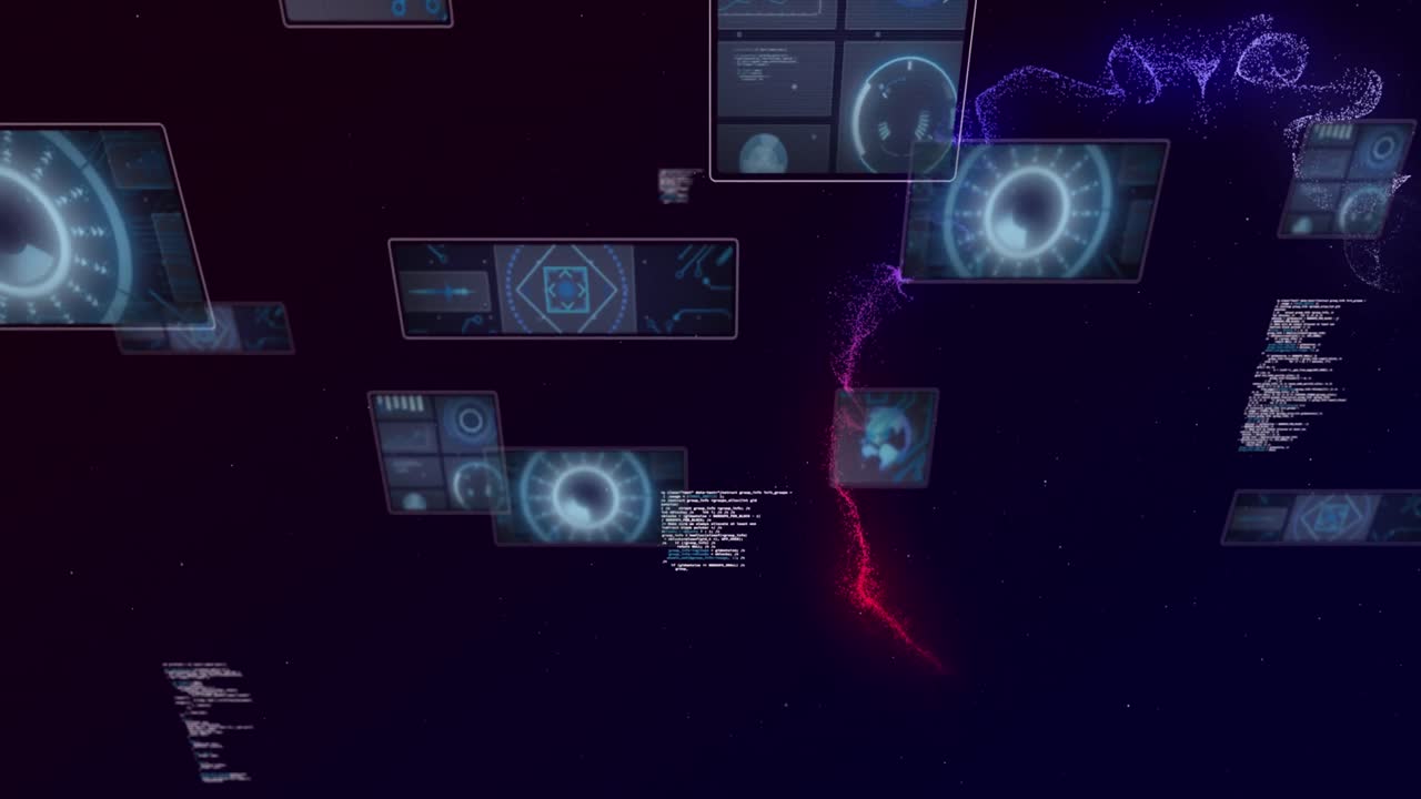 animación de escaneado de visores y procesamiento de datos en fondo oscuro