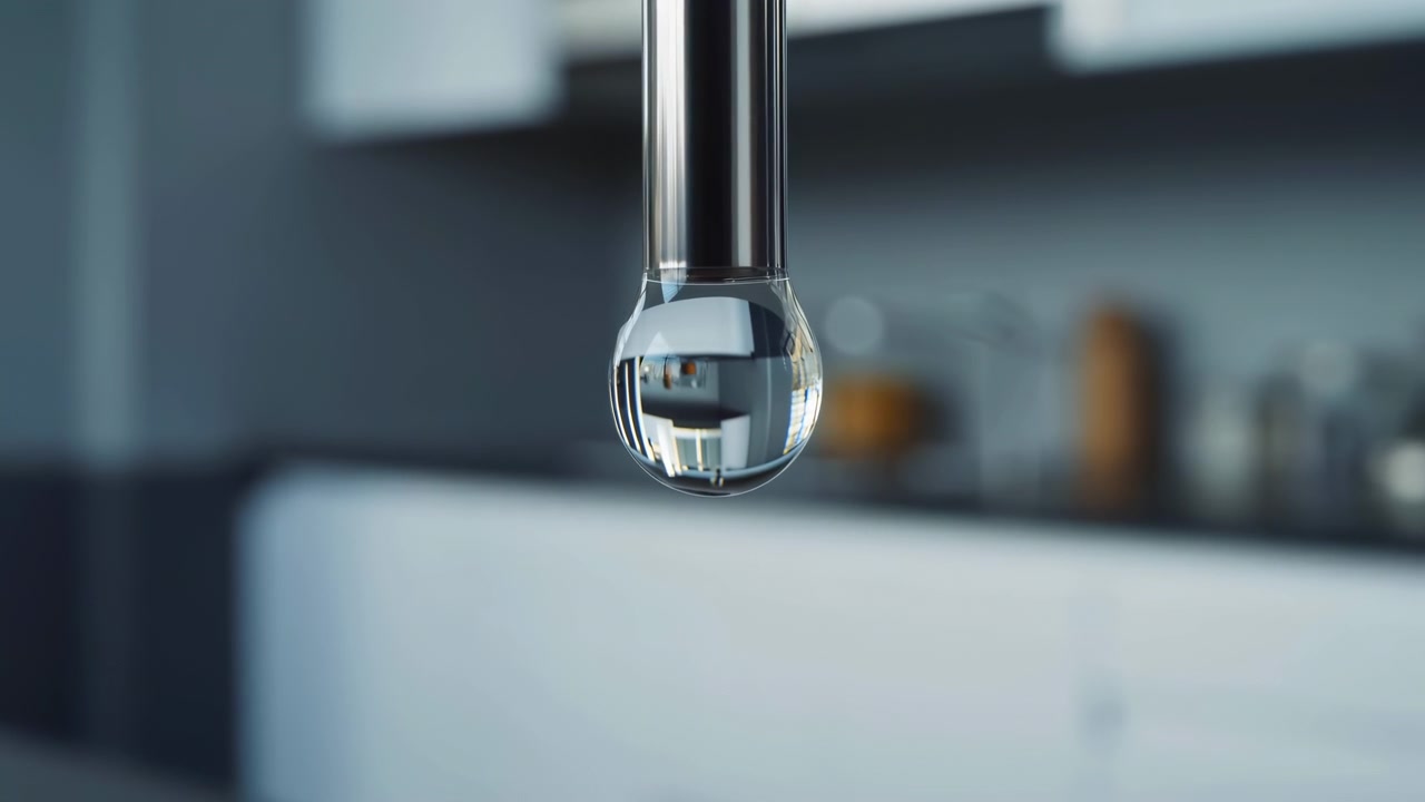 Una singola goccia d'acqua attaccata alla punta di un rubinetto cromato lucido subisce un visibile cambiamento di forma—il