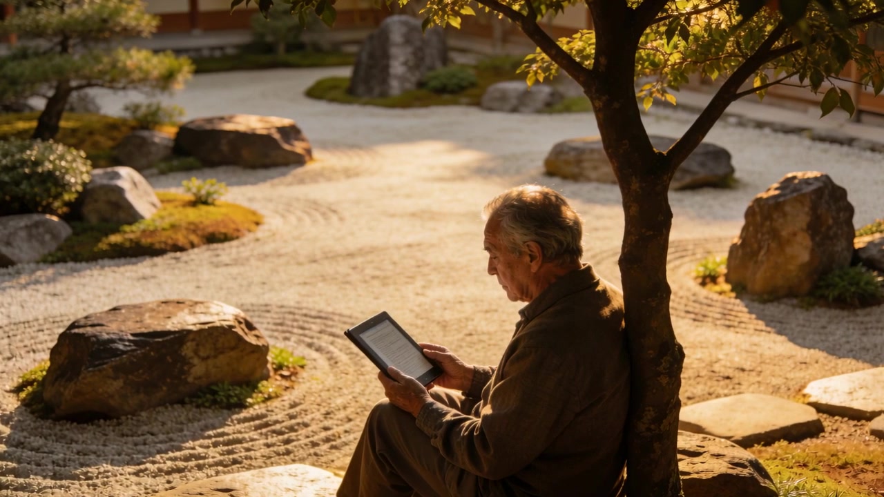 Prompted by tablet, senior man in jacket tilting tablet in rock garden, raked gravel, copy space