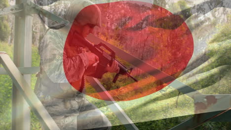animación de la bandera de japón sobre soldado caucásico con rifle