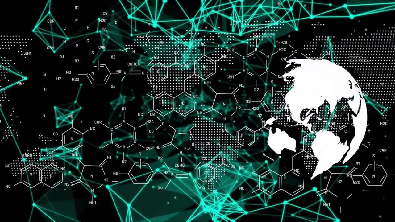 animación de estructuras moleculares, puntos conectados y globo giratorio sobre un fondo negro