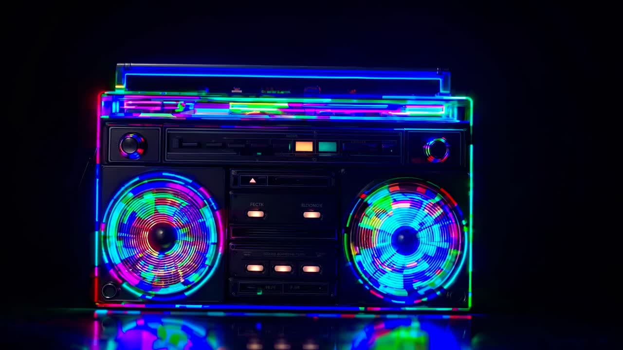 Boombox illuminato al neon in un ambiente buio, catturato da un'angolazione frontale, evoca atmosfere da video retrò