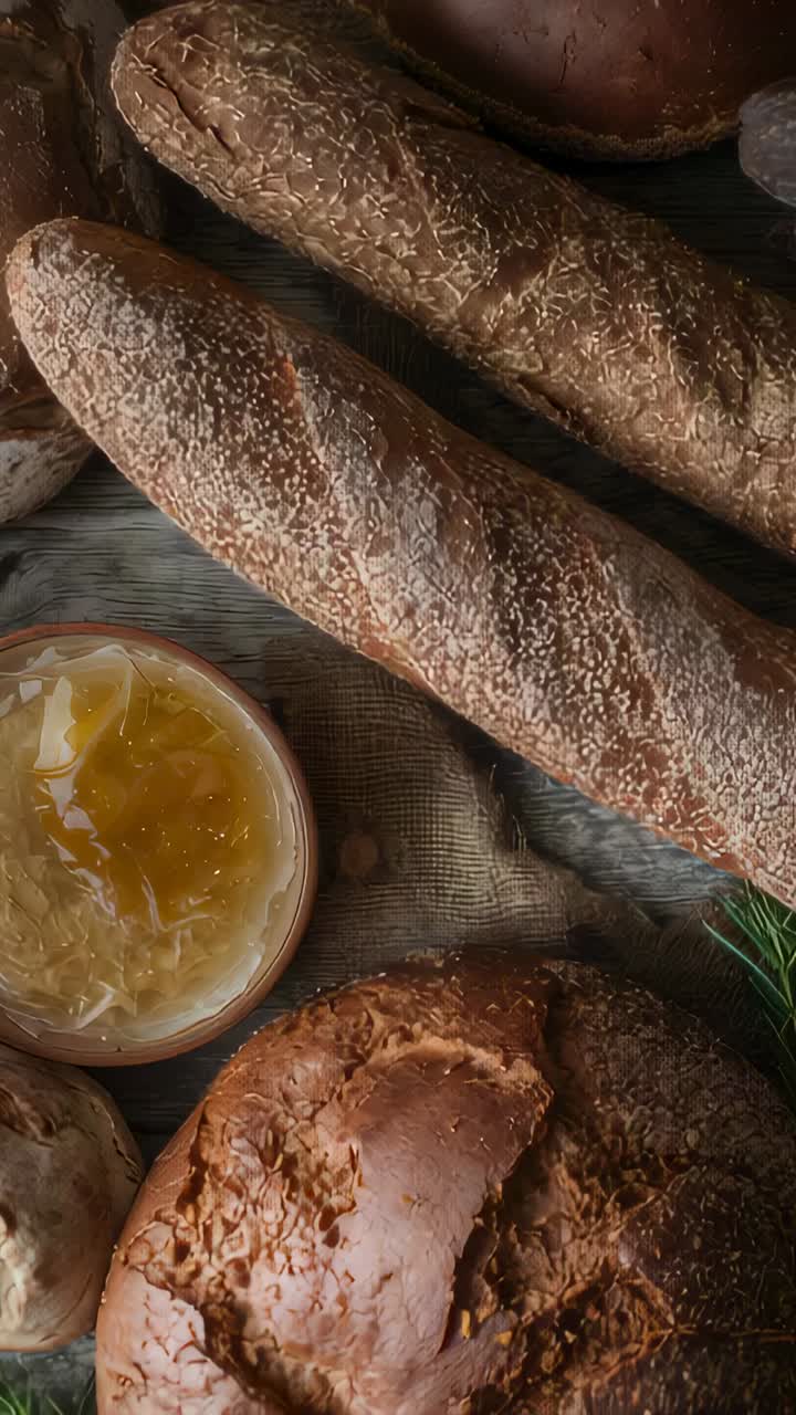 Vertical video: Framing camera showing wood table, styling two seeded baguettes round loaf and jam