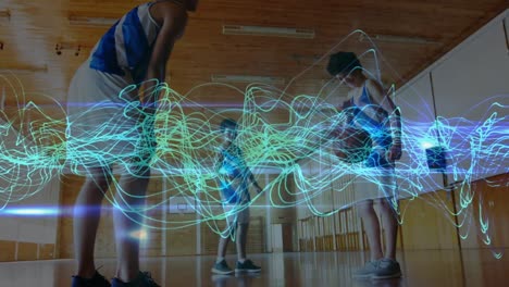 animación de líneas onduladas sobre el entrenamiento de diversos equipos de baloncesto adolescente