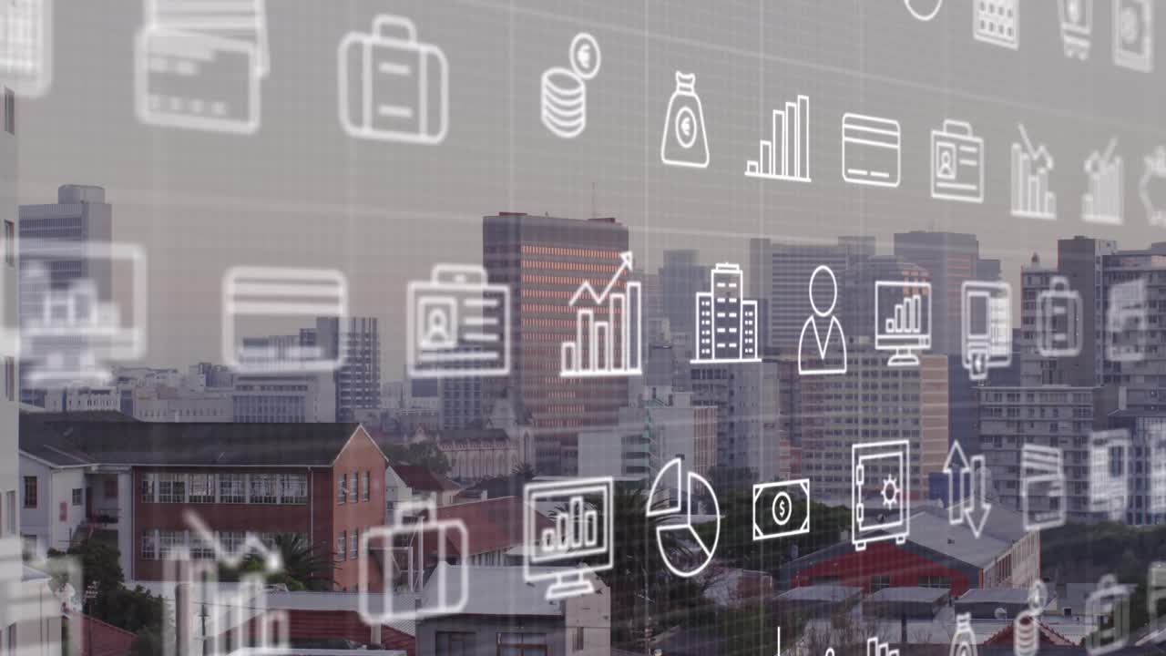 animación de iconos financieros y procesamiento de datos en el paisaje urbano.