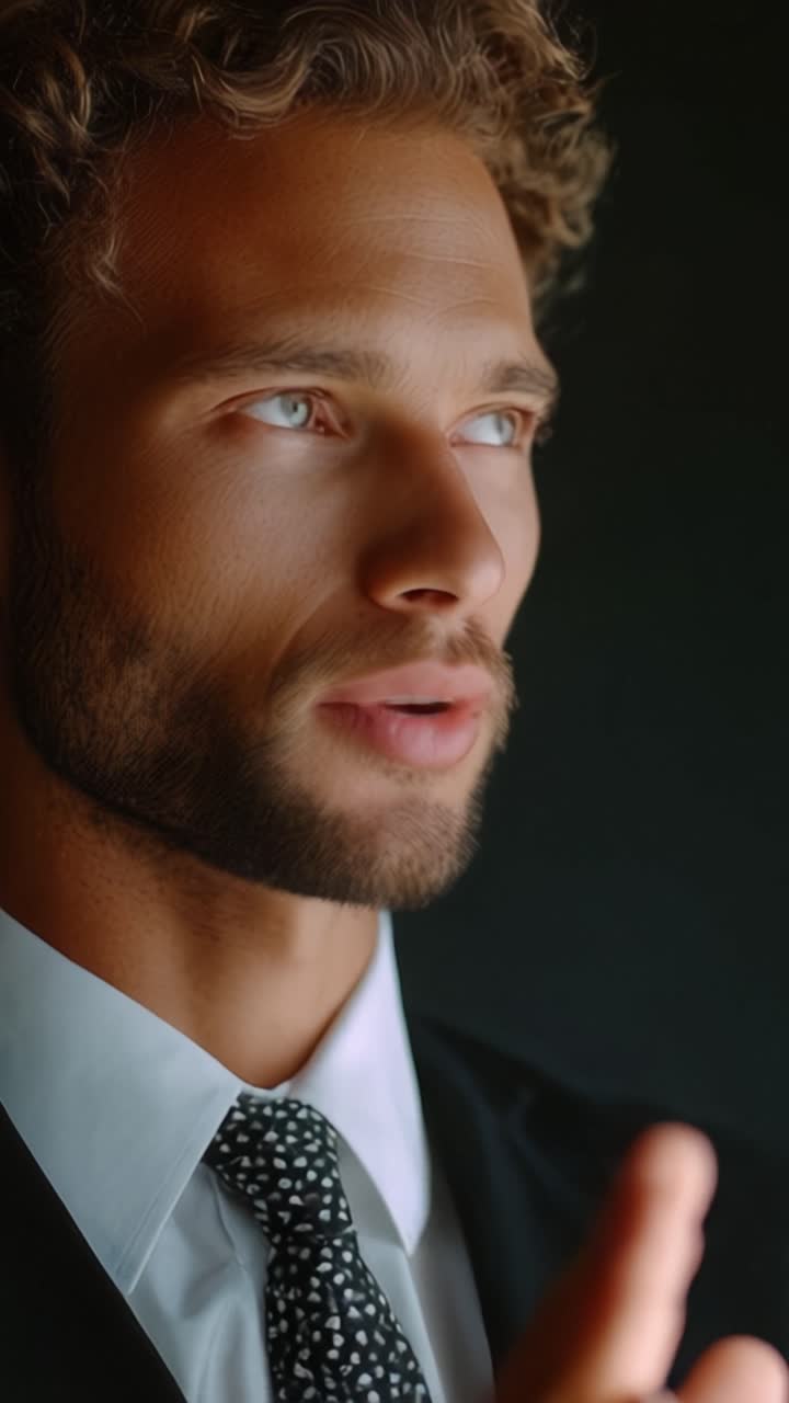 Ein gutaussehender Mann in einem eleganten Anzug präsentiert seine ausdrucksstarken Gesichtszüge und fesselnde Persönlichkeit, wobei seine Gesten die Essenz von Selbstvertrauen und Raffinesse einfangen.