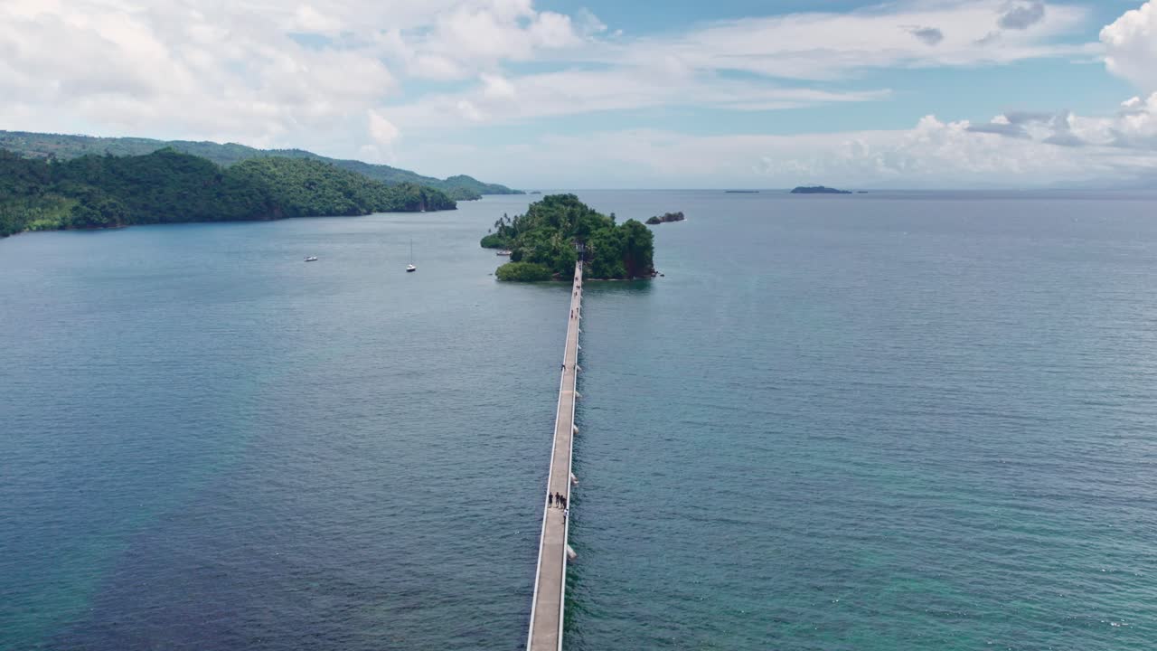 Aerial over Pedestrian Napoleon Bridge and Cayo Vigia Island, Samana, Dominican Republic