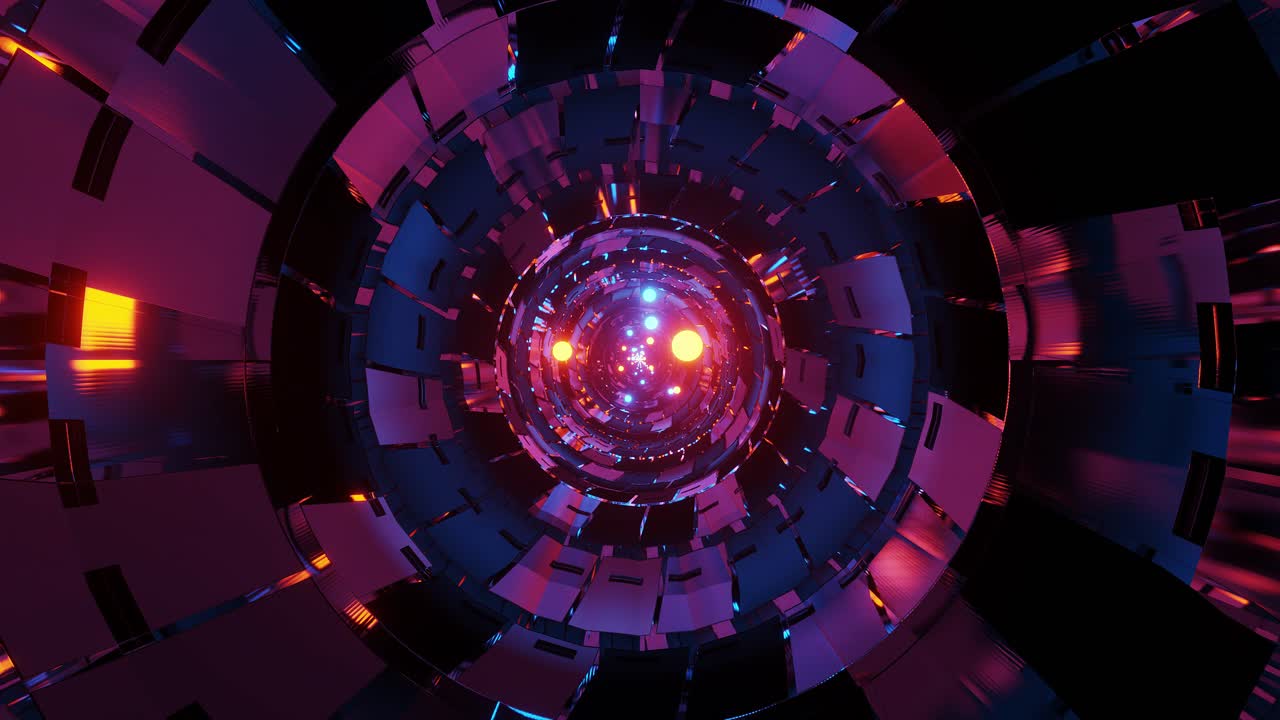 Abstract digital tunnel with glowing particles light, sci-fi interior, futuristic corridor VJ for tech titles and background