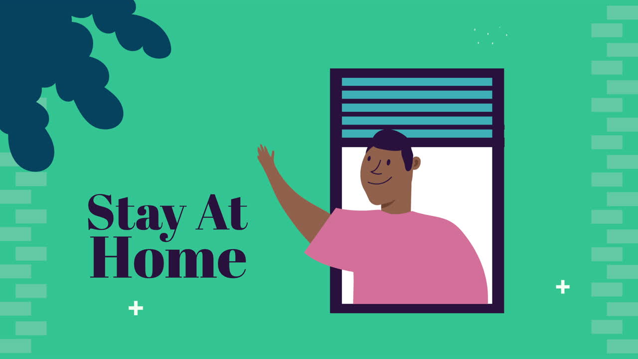 hombre afro en la ventana del apartamento campaña de quedarse en casa