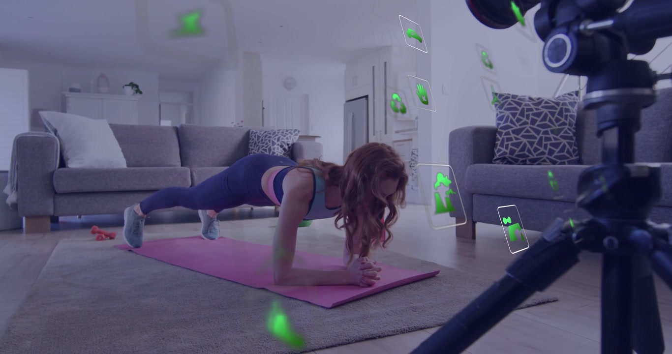 Adjusting hands, woman flowing onto forearms via knee tucks, leg lifts into full plank, recording