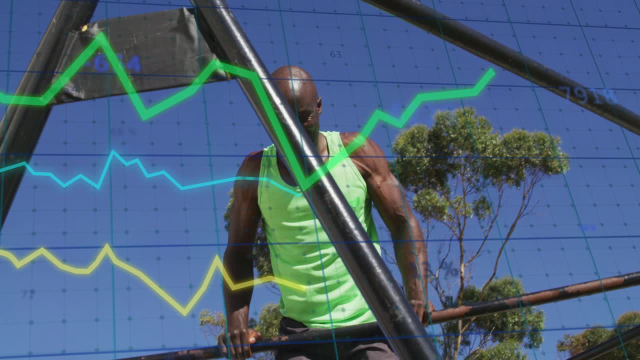 Man gripping bar, triangular rig initiating dips, lowering and rising as health graphs tracing reps