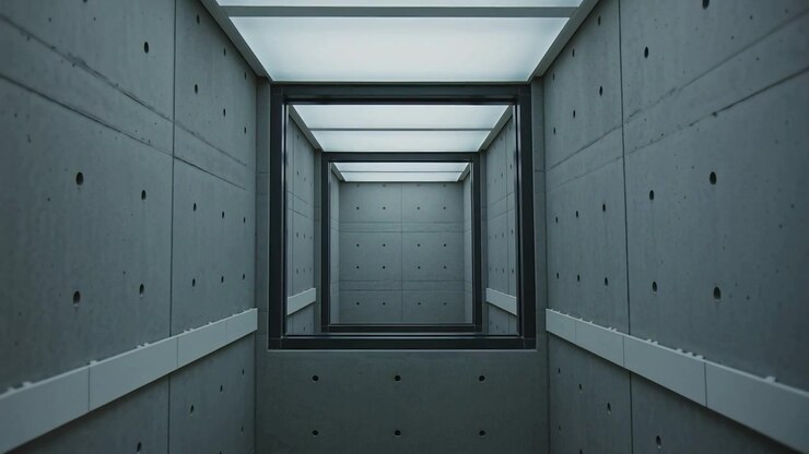 Moving camera advancing after pullback along square shaft, showing concrete texture, metal frames