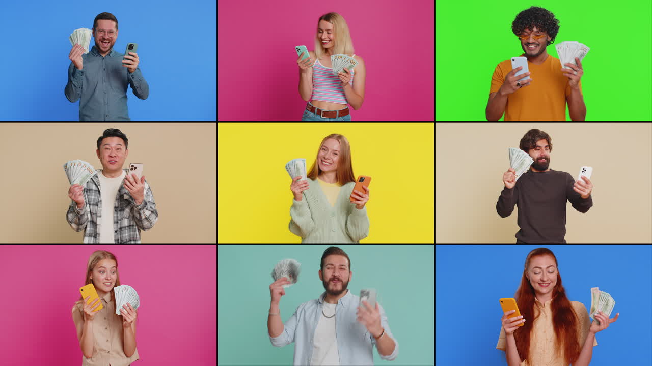 colage de personas ricas felices hombres mujeres con teléfonos inteligentes celebran ganar recibiendo dinero dólares en efectivo