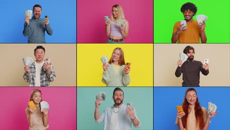 colage de personas ricas felices hombres mujeres con teléfonos inteligentes celebran ganar recibiendo dinero dólares en efectivo