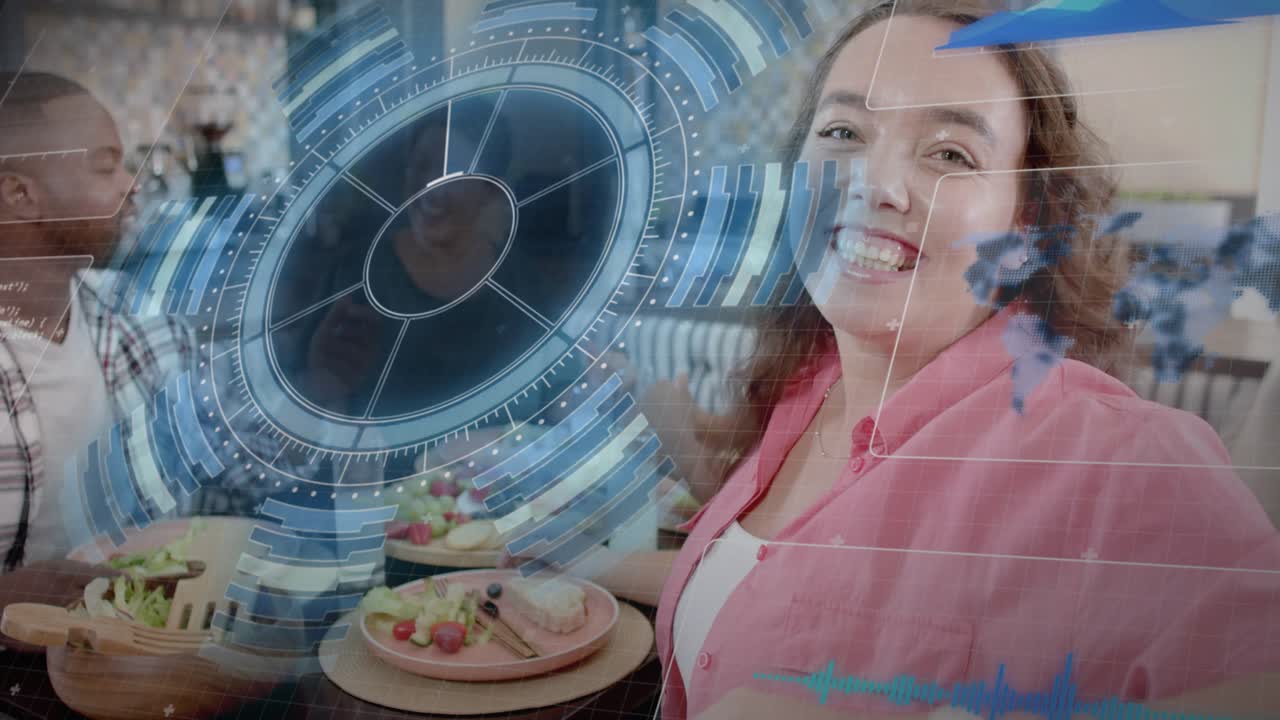 Woman in pink reaching plate as friends passing food, HUD centering over table for social dining