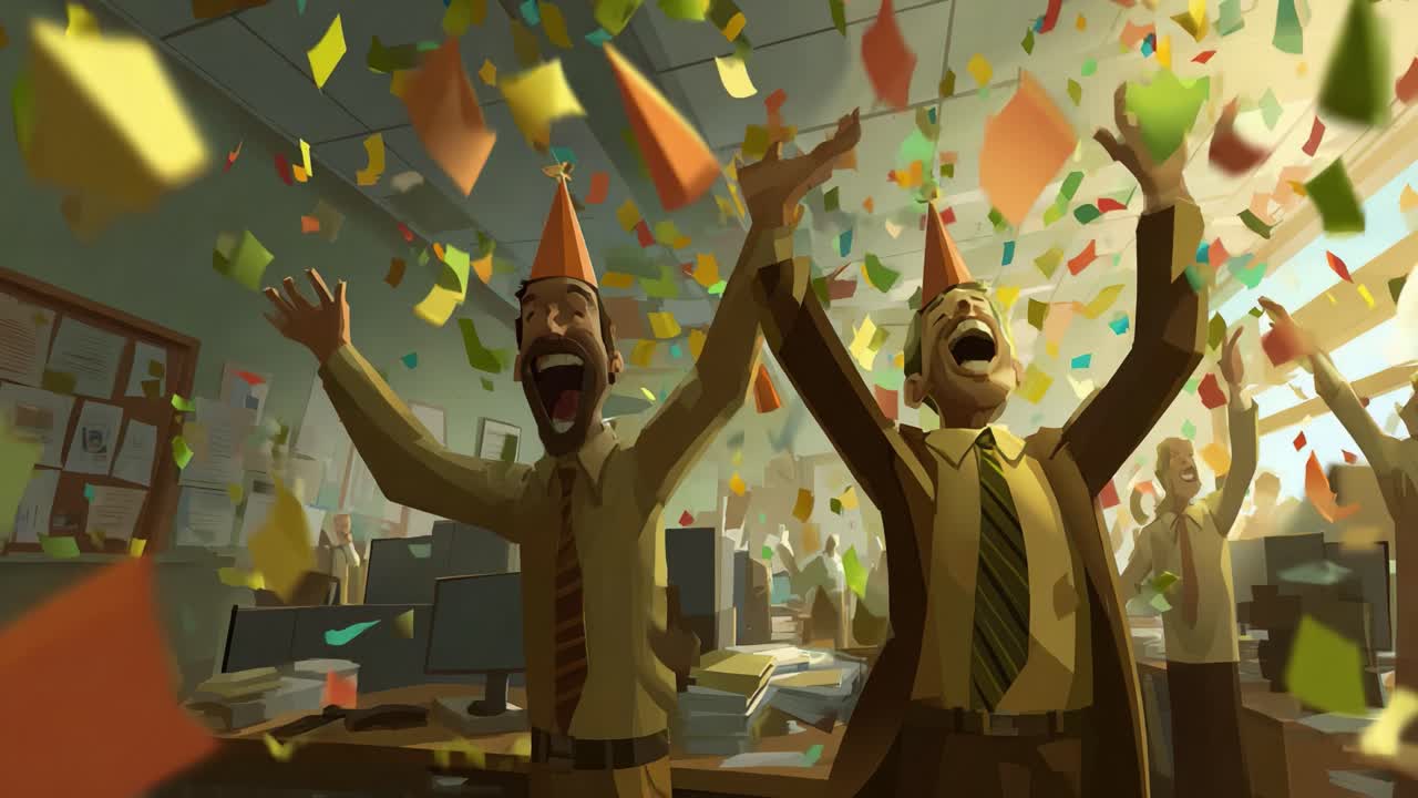 Celebration in the Office: Two Happy Employees in Party Hats Cheer as Colorful Confetti Falls Around Them, Capturing a Joyous Moment of Triumph and Merriment at Work