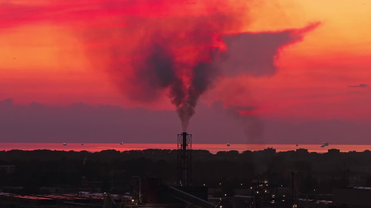 Cinematic drone view of industrial skyline with smoke and sunset reflection