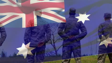 animation of flag of australia over diverse male soldiers