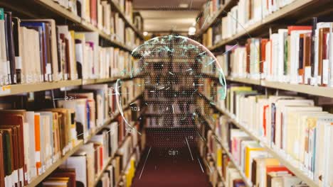 Animation of globe with network of connections over shelves with books in library