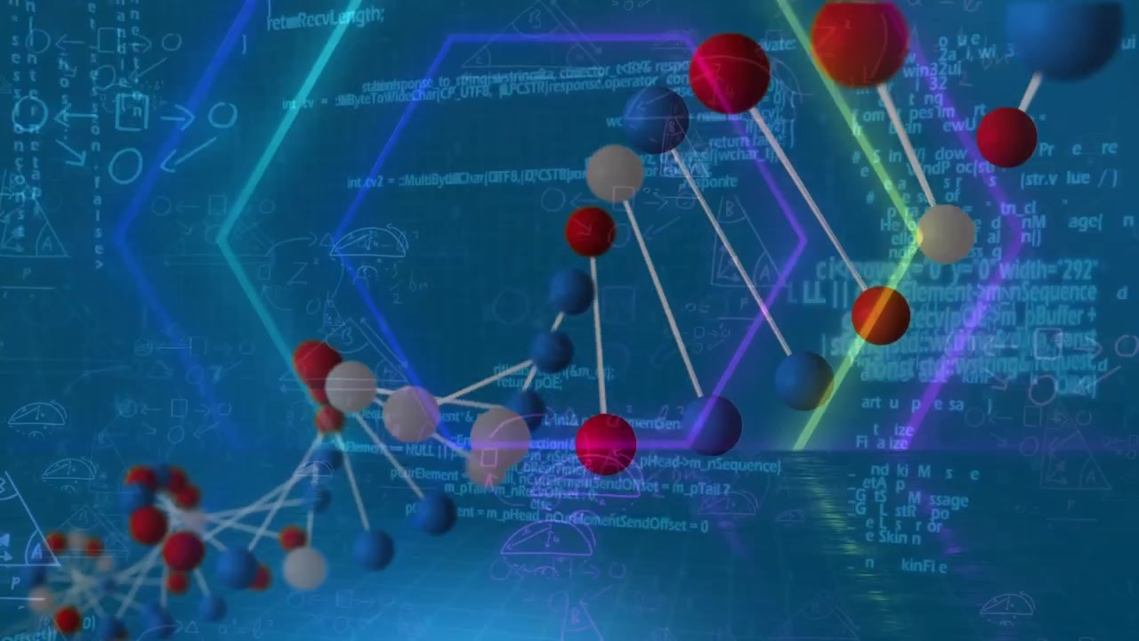 Animation of dna over blue background with diverse data and geometrical shapes