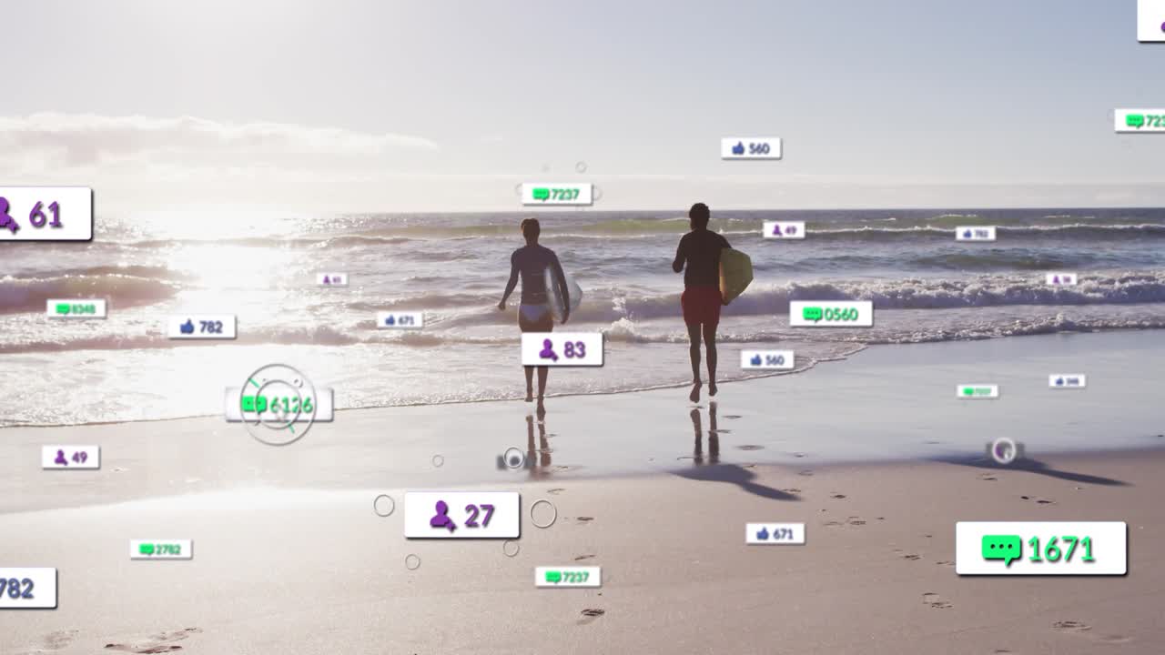 Floating UI counters appearing as couple running from wet sand toward waves carrying boards to surf
