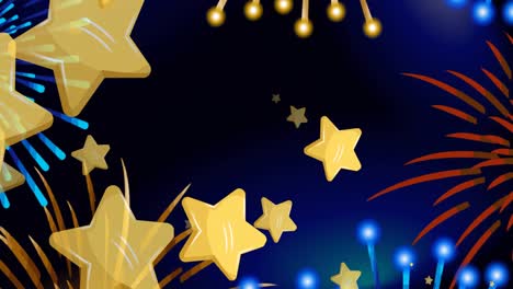 Animation-of-gold-christmas-stars-and-new-year-fireworks-on-dark-blue-background