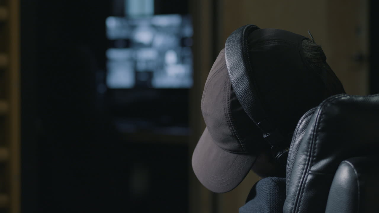 el guardia de vigilancia duerme en la habitación trasera, los monitores en el fondo