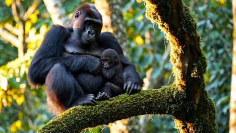 gorilla mother and baby in the jungle