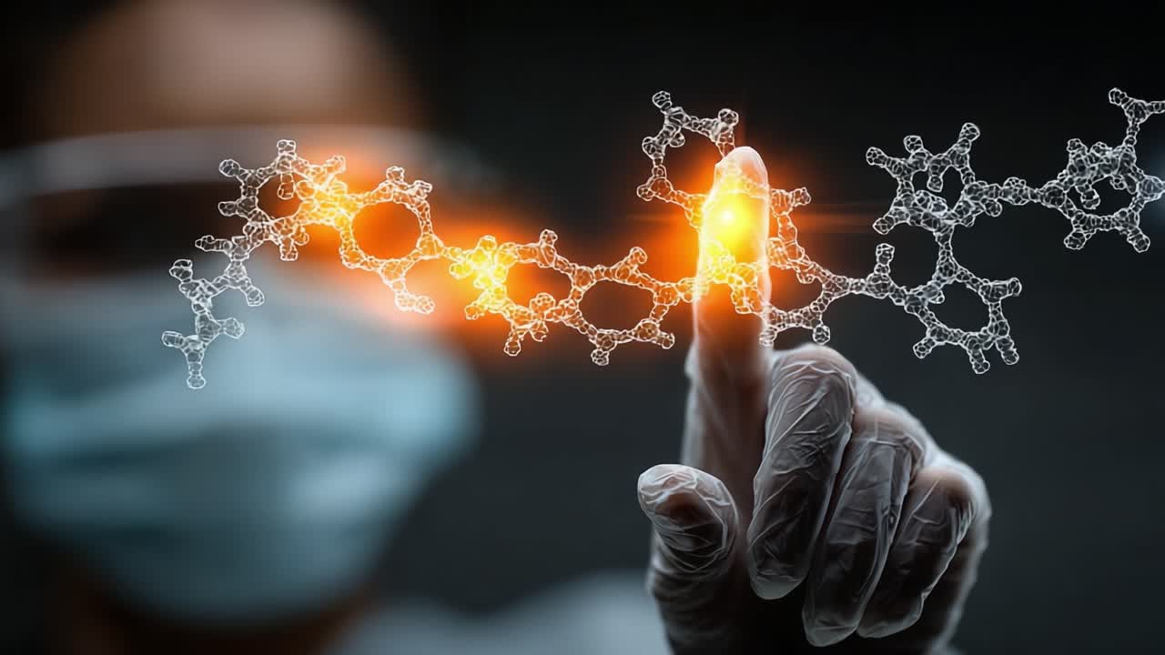Illuminating Molecular Interaction: A Scientist's Hand Engaging with Dynamic Chemical Structures in a Laboratory Setting