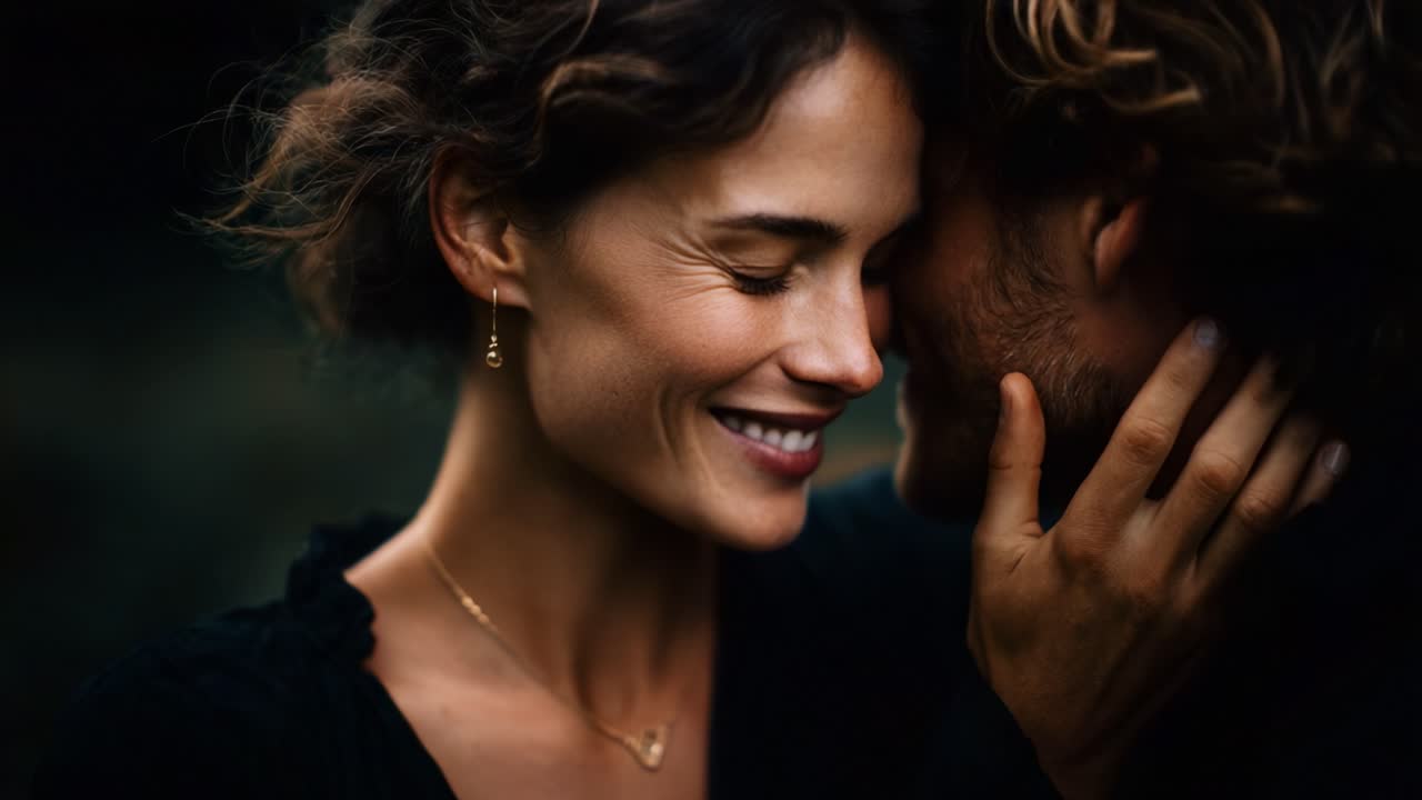 A tender moment shared between two people as they enjoy a close embrace, capturing the essence of love, intimacy, and deep connection through their joyful expressions and gentle touch