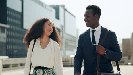 business people, walking and happy conversation