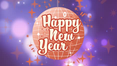 animation of happy new year text over disco ball on purple background