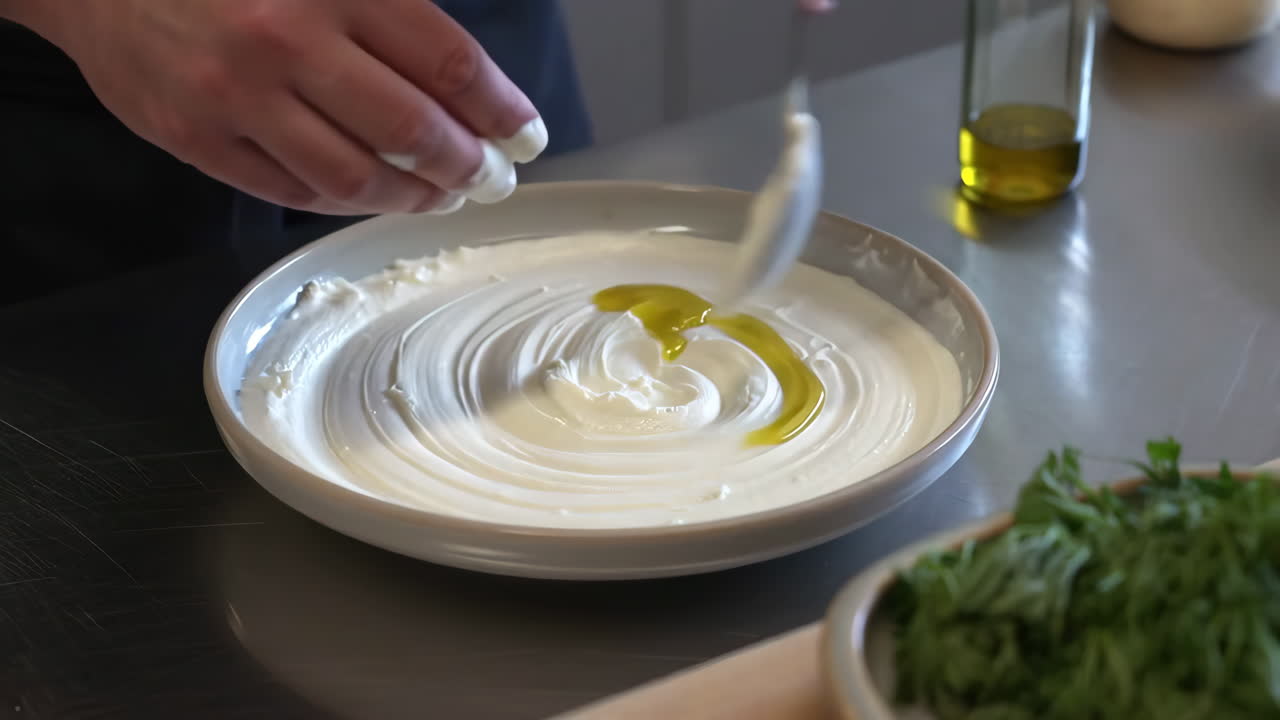 Preparing a creamy dish with olive oil and herbs