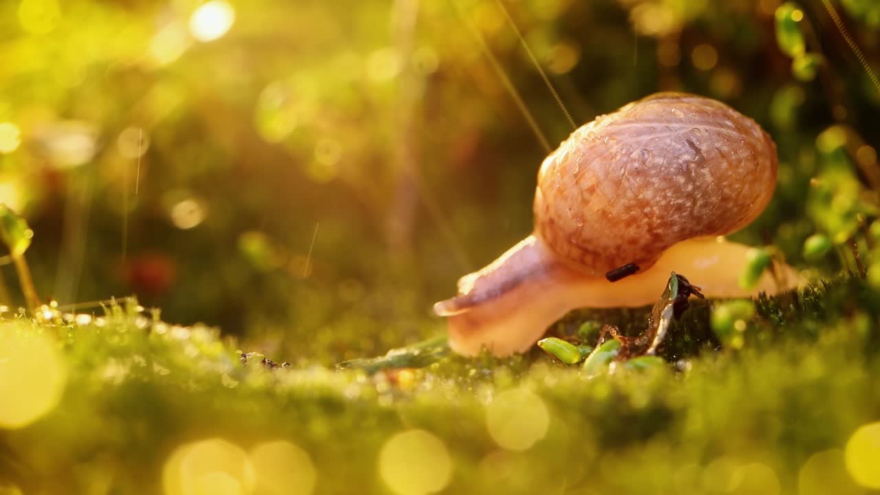 Close-up wildlife of a snail in heavy rain in the sunset sunlight.