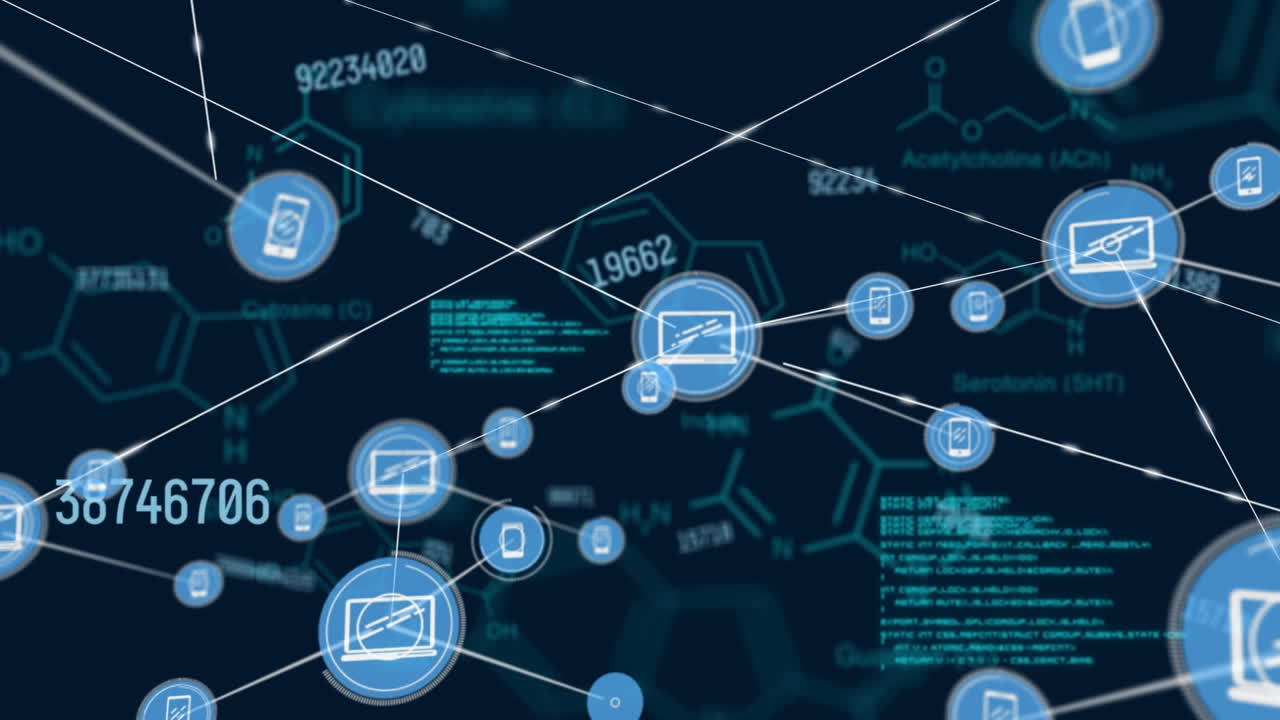 디지털 아이콘과 백그라운드 데이터 처리로 연결 네트워크의 애니메이션