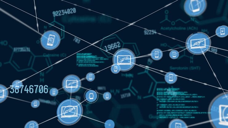 Animation of network of connections with digital icons and data processing in background
