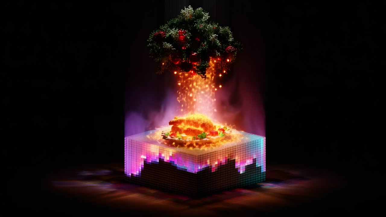 A Transcendent Culinary Presentation Featuring an Elevated Dish Surrounded by Festive Decorations, Sparkling Lights, and Creative Design, Captivating the Audience with Its Visual Splendor and Flavorful Appeal