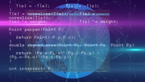 animación del lenguaje de programación, las bengalas de la lente y los puntos conectados sobre fondo azul