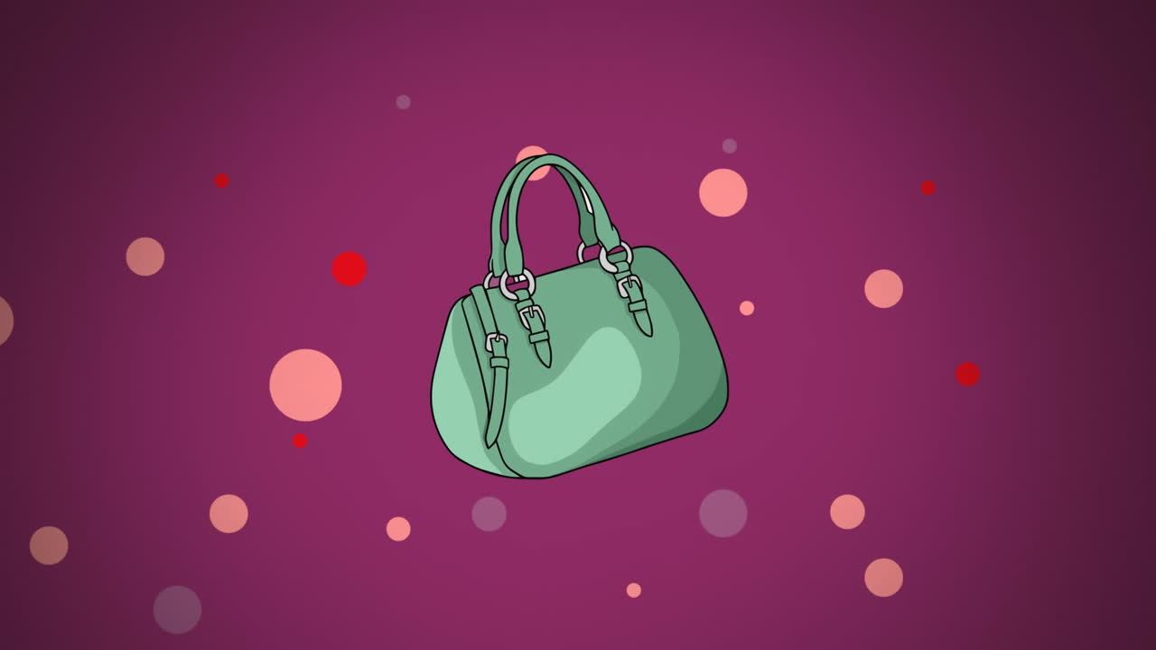animación de un bolso verde sobre manchas coloridas sobre un fondo púrpura
