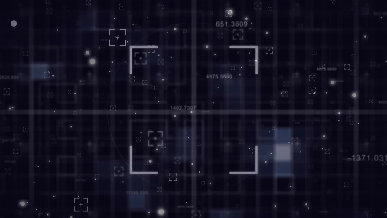 Animation of pulsing circular scanner processing over white light spots on black background