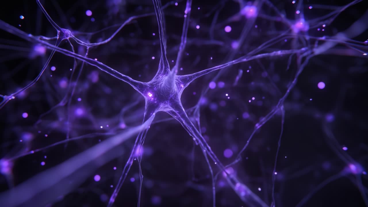 Intricate Visualization of Neurons: A Stunning Exploration of Neural Networks and Synaptic Connections in a Vivid Purple Palette, Capturing the Beauty and Complexity of the Brain's Communication Systems
