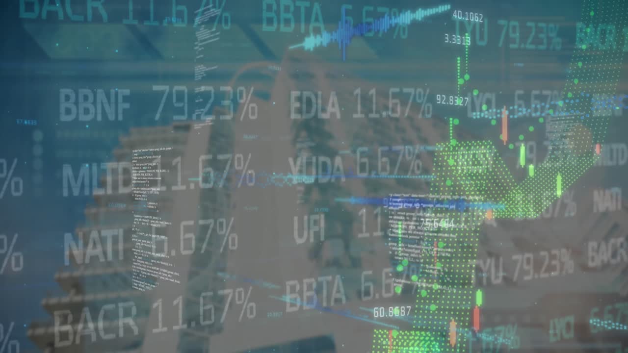 높은 건물의 낮은 각도 시야에 대한 통계 및 증권 시장 데이터 처리의 애니메이션