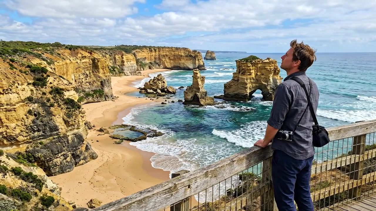 Homem em pé em mirante com vista para falésias costeiras e o oceano