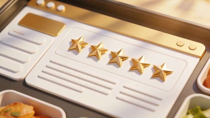 Animating UI card on load, five gold stars tilting, aligning, showing 5-star rating with food bowls