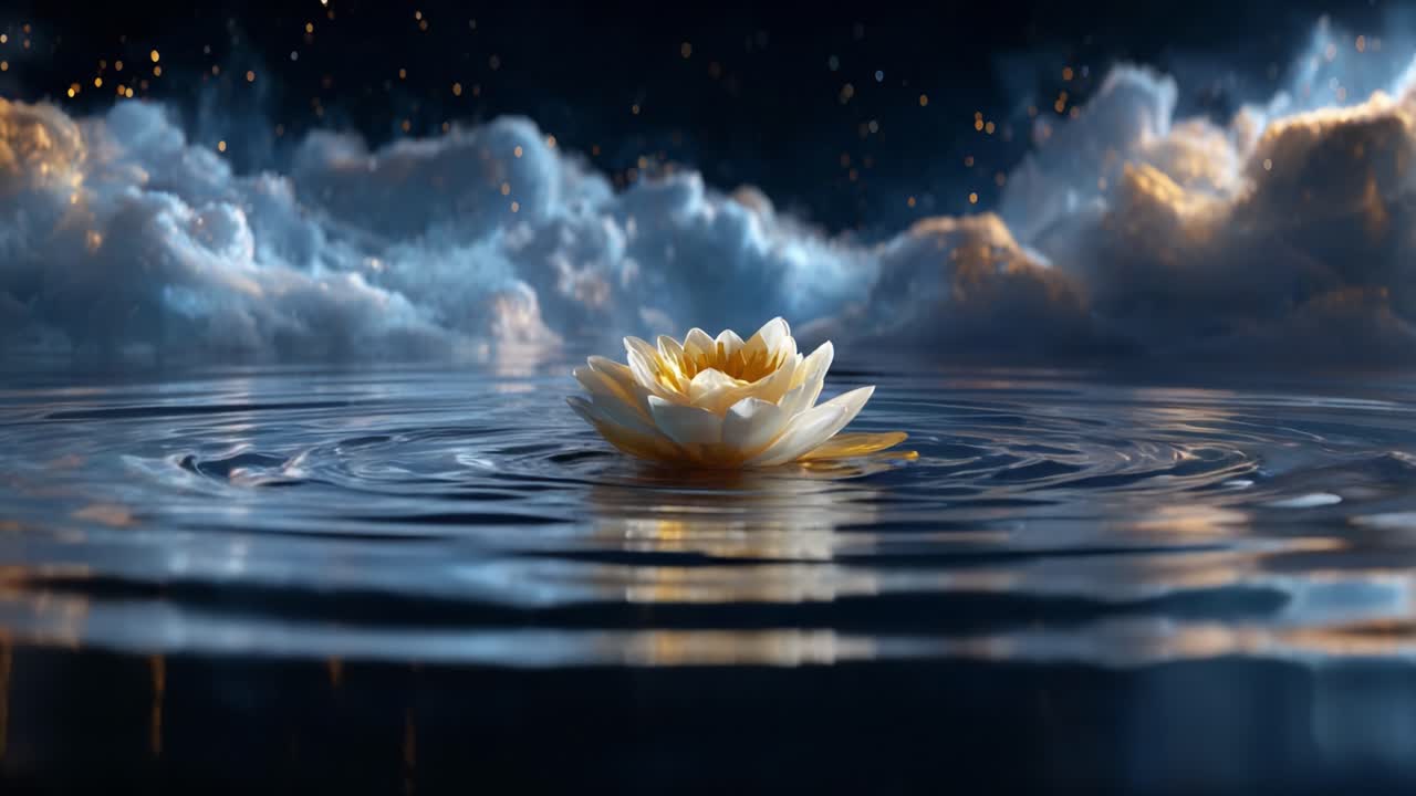 Un sereno fiore di loto dorato sboccia in un ambiente acquatico tranquillo sotto un cielo stellato, circondato da soffici nuvole che si riflettono in delicate increspature